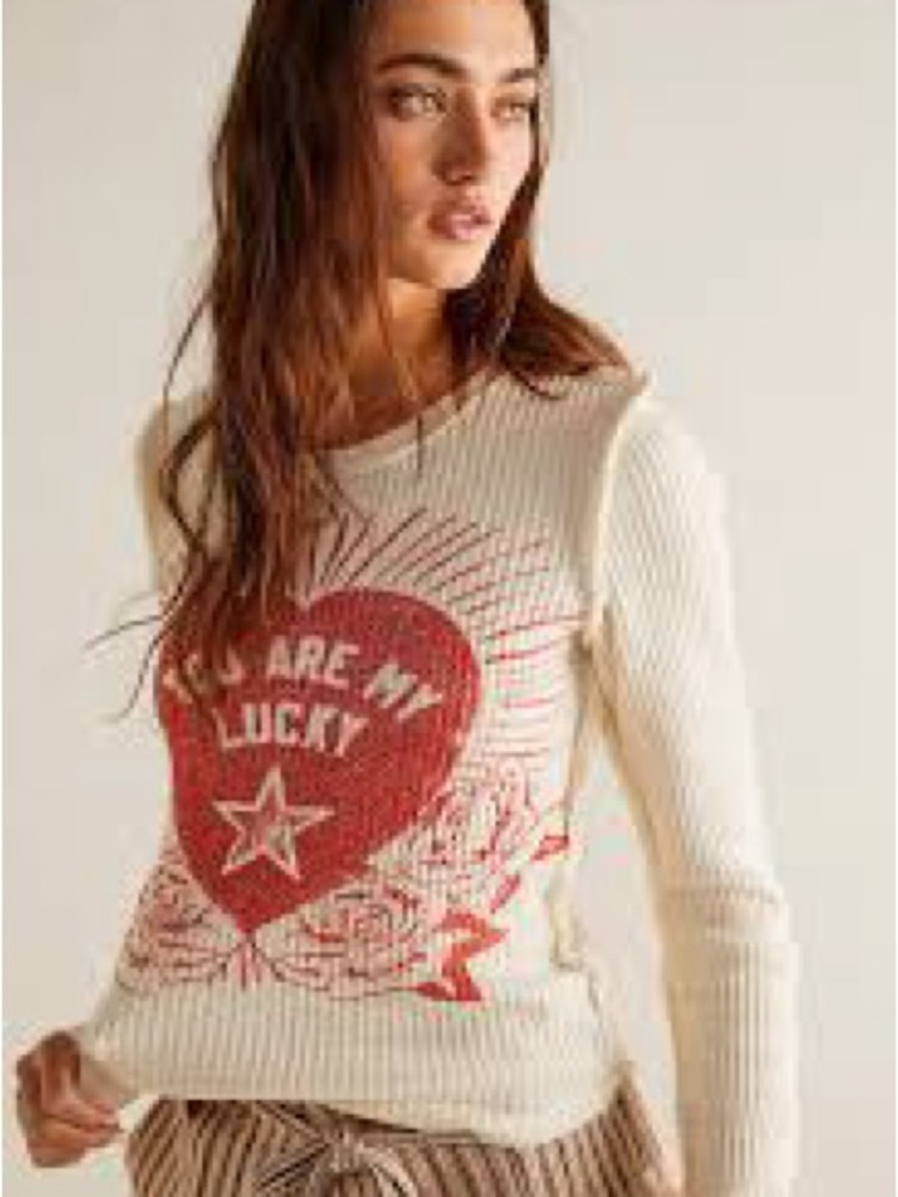 We The Free Cream Waffle Knit Long Sleeve Top with Red Heart Print - Picture 6 of 8